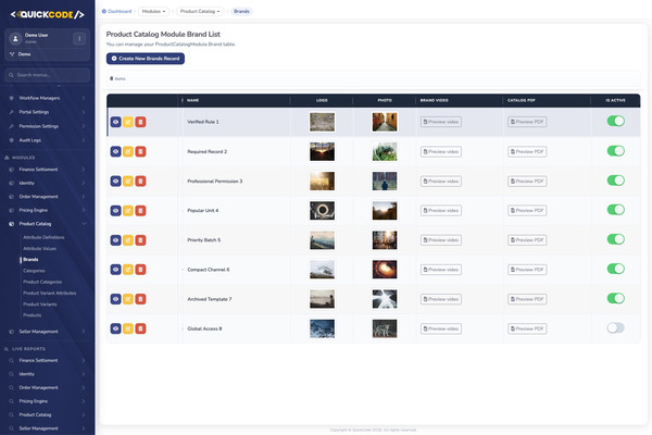Brands list with image, PDF, and video preview actions